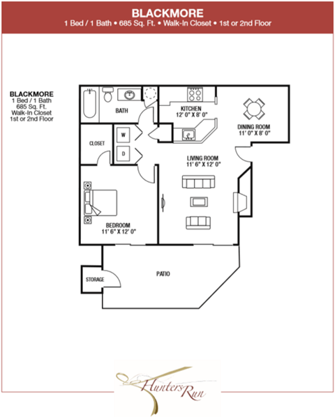 Floor plan for 1 bed, 1 bath, 685 sqft